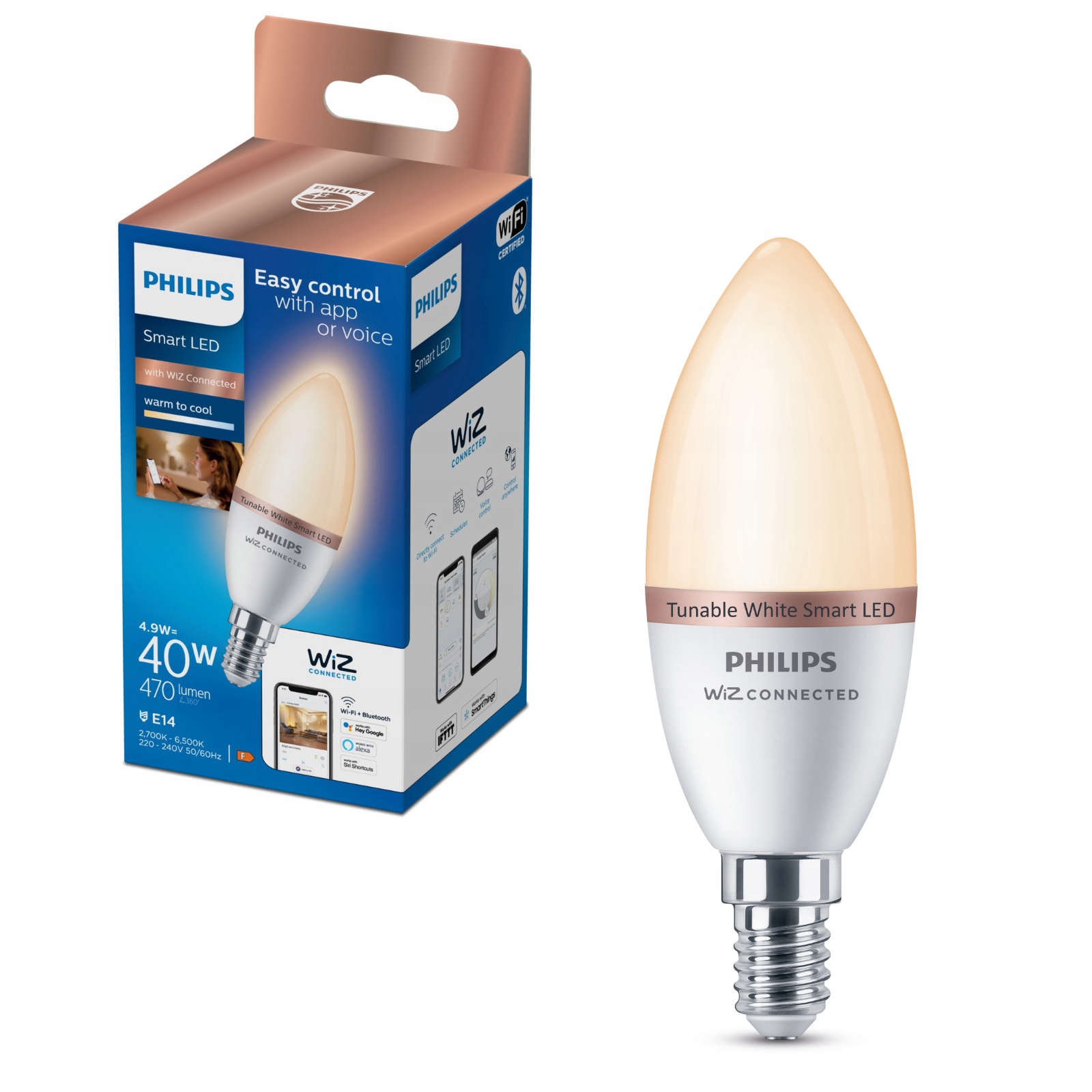 Żarówka LED E14 PHILIPS Smart świeczka 4,9W (40W) WiFi 2700 - 6500K 470lm