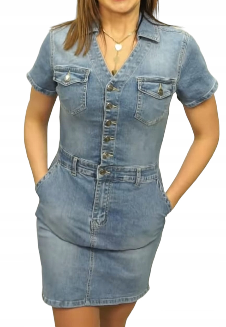 Džínová Šaty S Krátkým Rukávem A Knoflíky vel. S 36 módních džínů