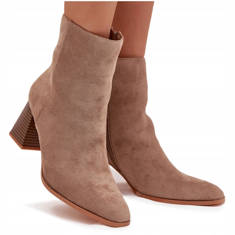 Dámské Kotníkové Boty Eko Semišové Podpatek Sloupek Elegantní Na Zip Béžové 38