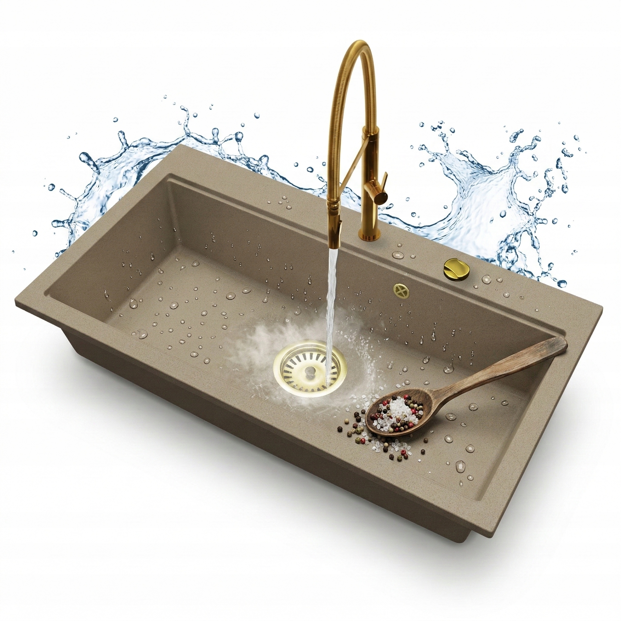 Kuchyňský granitový dřez Jednokomorový Elite 90 Baterie Sifon Zlatý