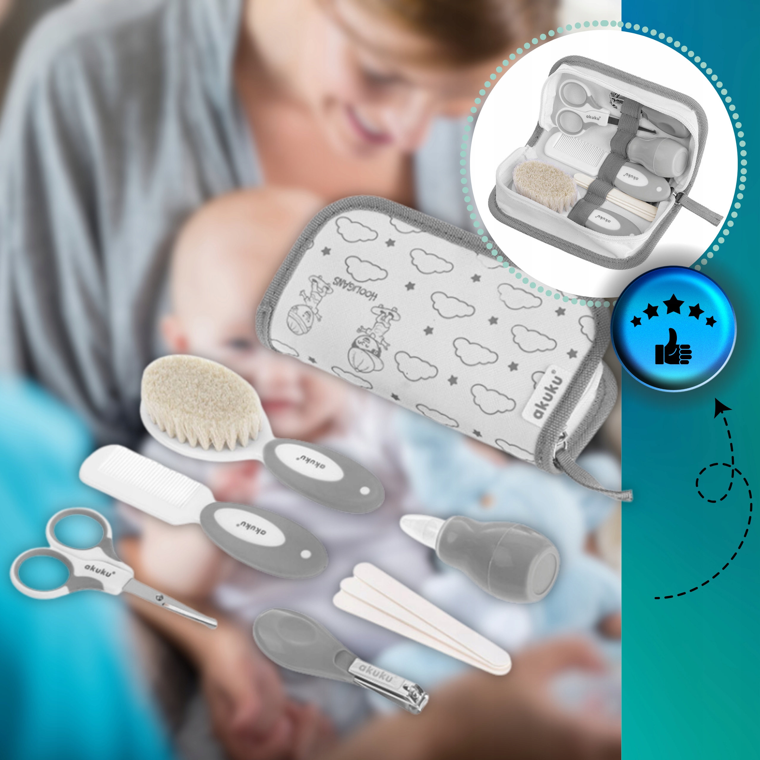 Zestaw pielęgnacyjny dla niemowląt noworodka dzieci nożyczki gruszka cążki Marka Akuku