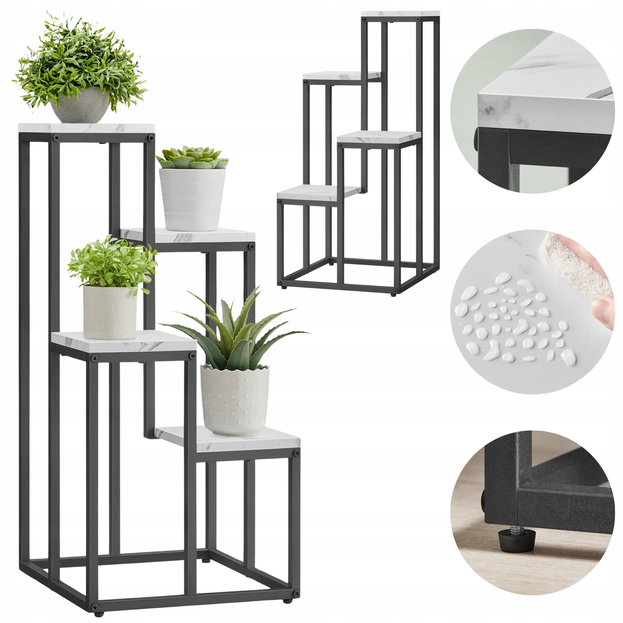 Držiak Na Kvetináč stojan na kvety 4 Úrovne 34x34x71 cm biely Mramor Čierne Nohy