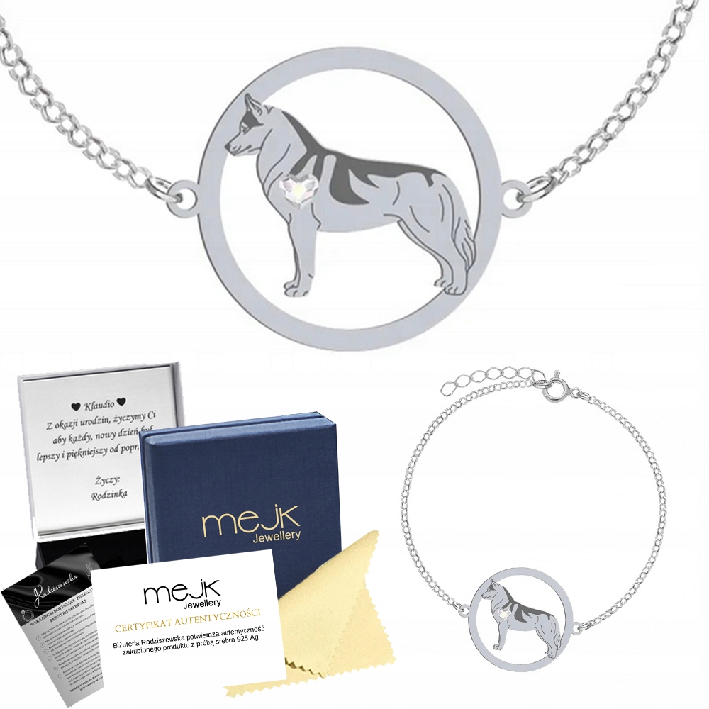 Stříbrný náramek se psem Siberian Husky 925 Dedikace Gravírování Bonus