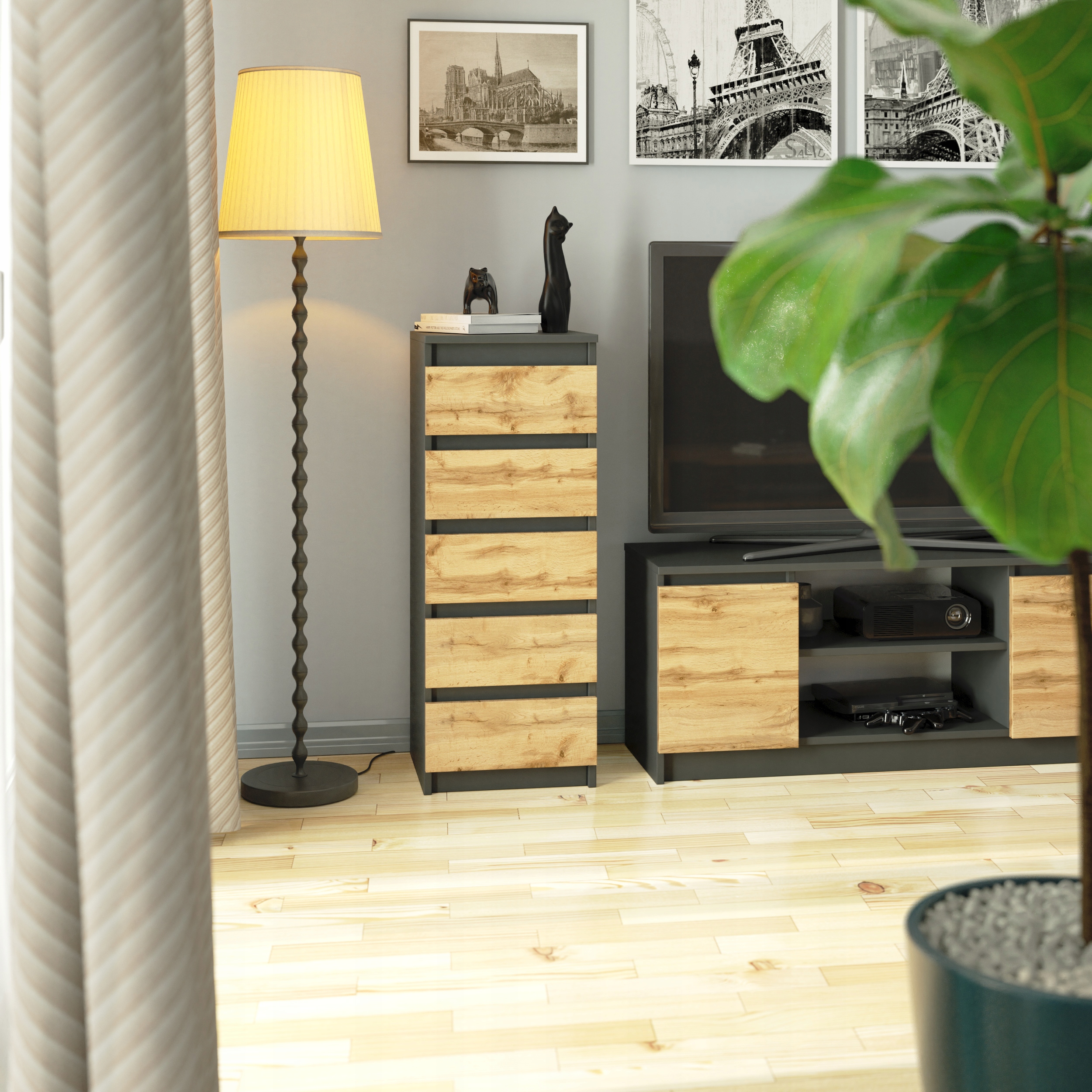 KOMODA SZAFKA 40CM 5 SZUFLAD ANTRACYT DĄB WOTAN Szerokość mebla 40 cm