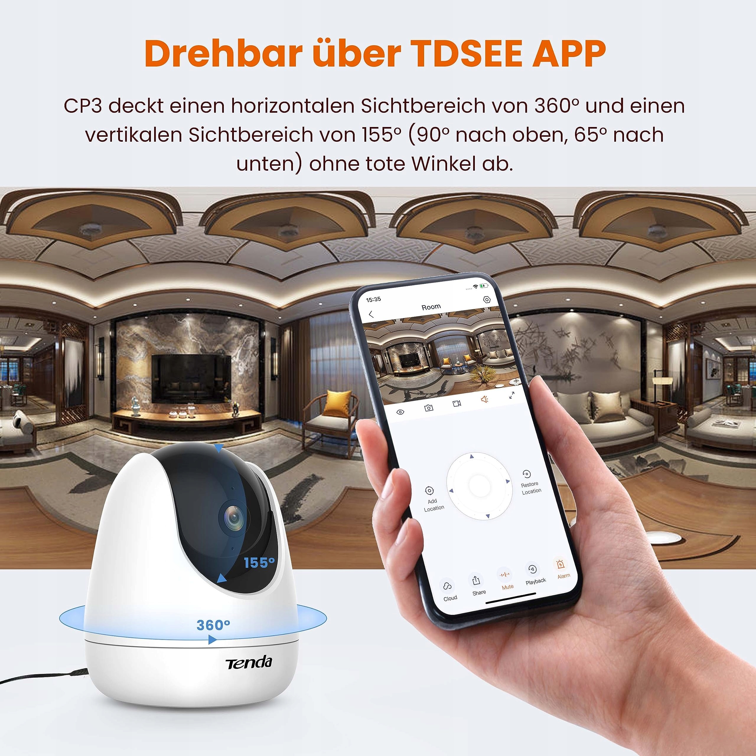 TENDA CP3 Kamera Wewnętrzna 1080p WiFi 360° 12m Nocny Detekcja Ruchu — miniatura 5