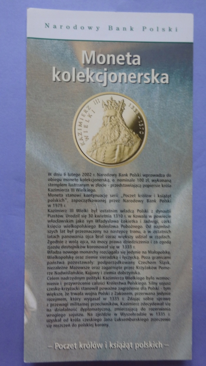 Folder 100 zł 2002,KAZIMIERZ WIELKI,stan I