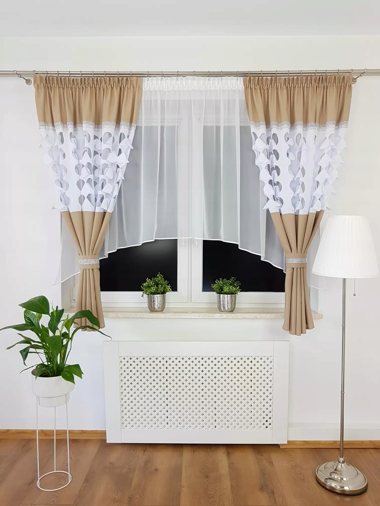 Firanka Gotowa Komplet Firan Z Zasłonami Do Salonu Beżowa Woal 400/160CM