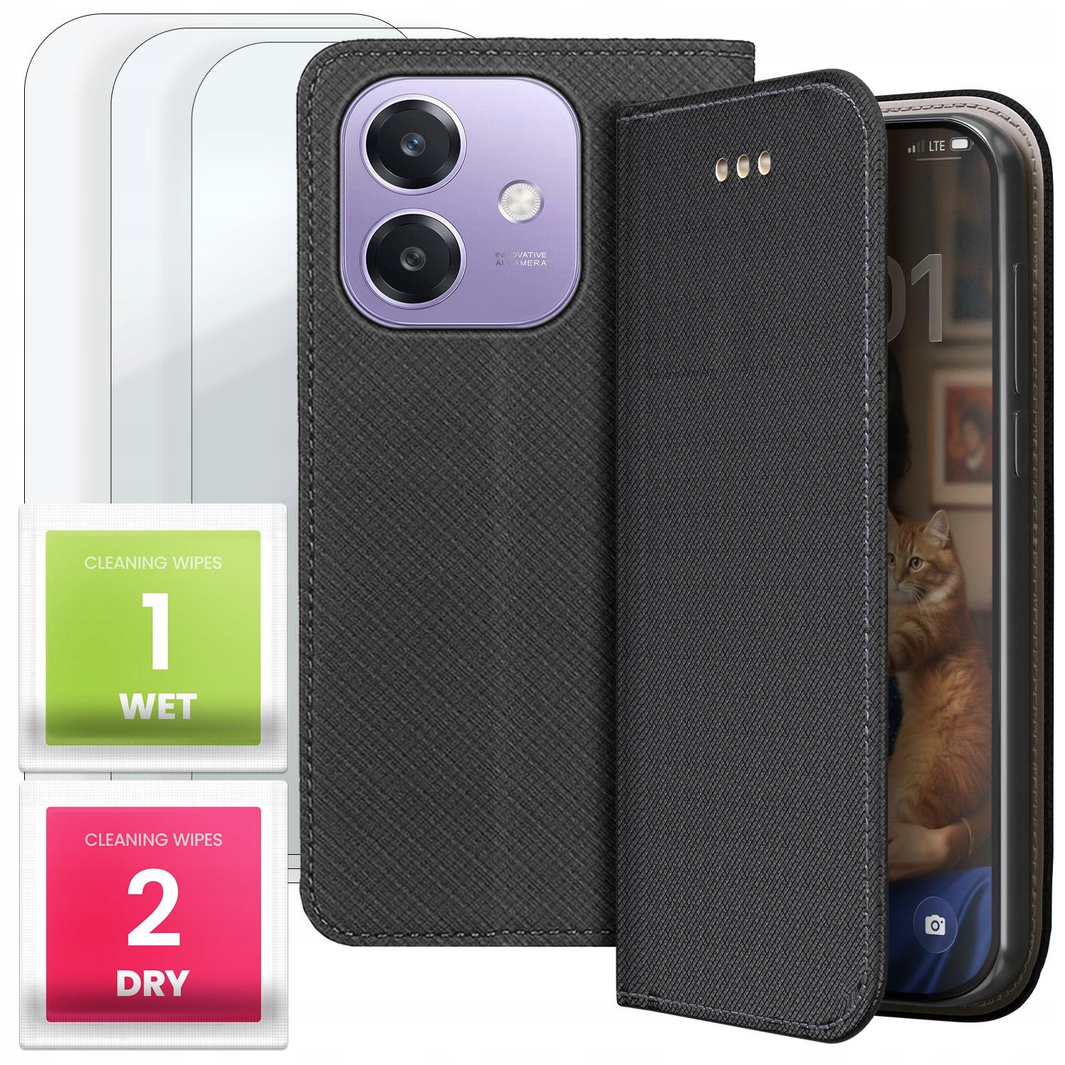 Etui z Klapką 3x Szkło Do Oppo A40 4G (Czarne, Zamykane, Płaskie, Kabura)