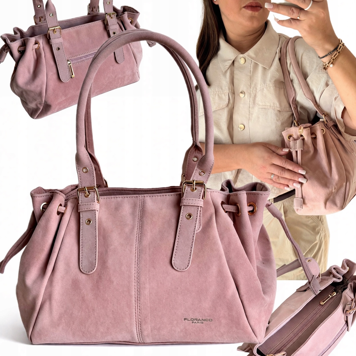 Torebka Damska Flora&co Pudrowy Róż Szkoła Studia A4 Torba Różowa Shopper