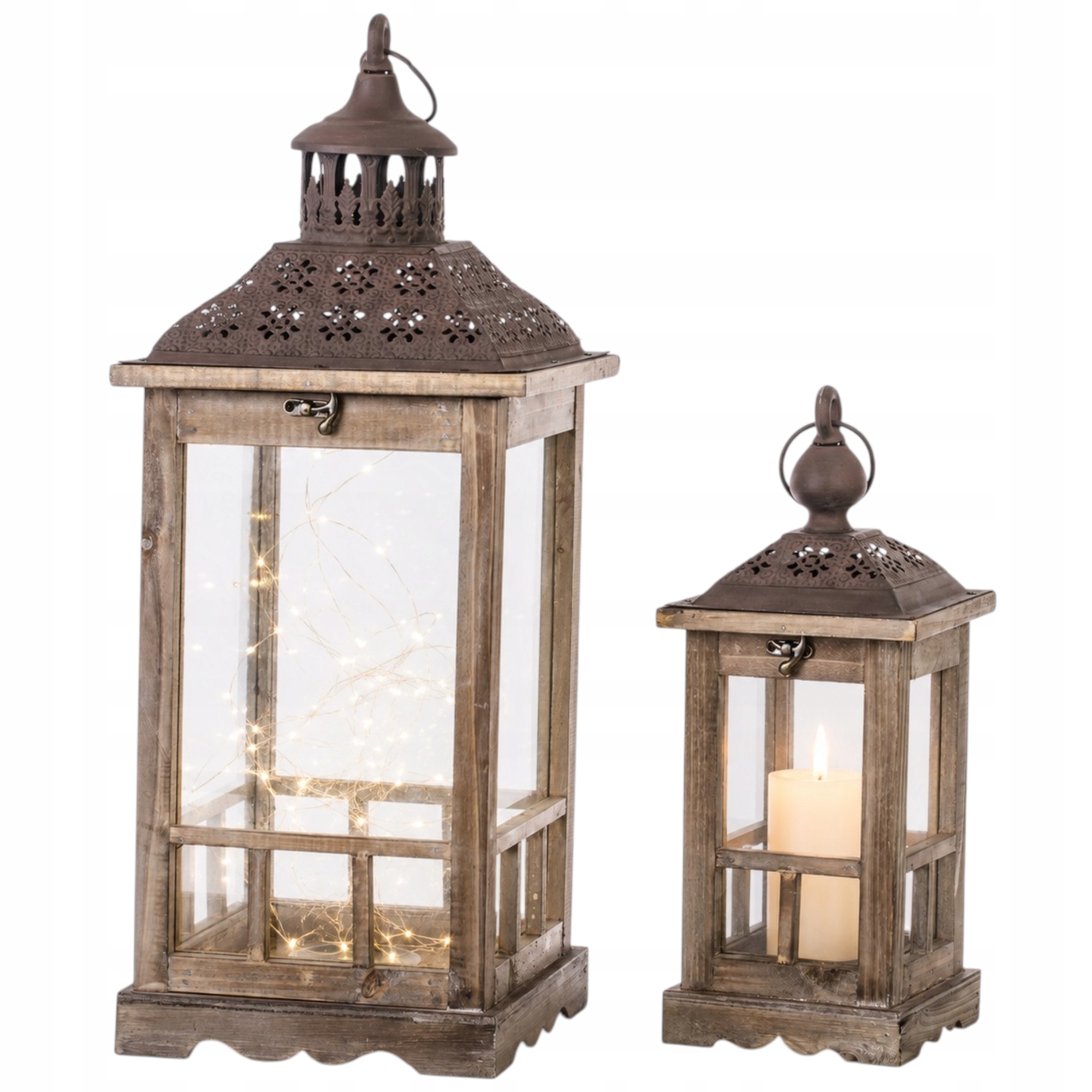 2x Lampion Drewniany Duży 59 CM Mały 39 CM Dekoracyjny Zestaw Lampionów