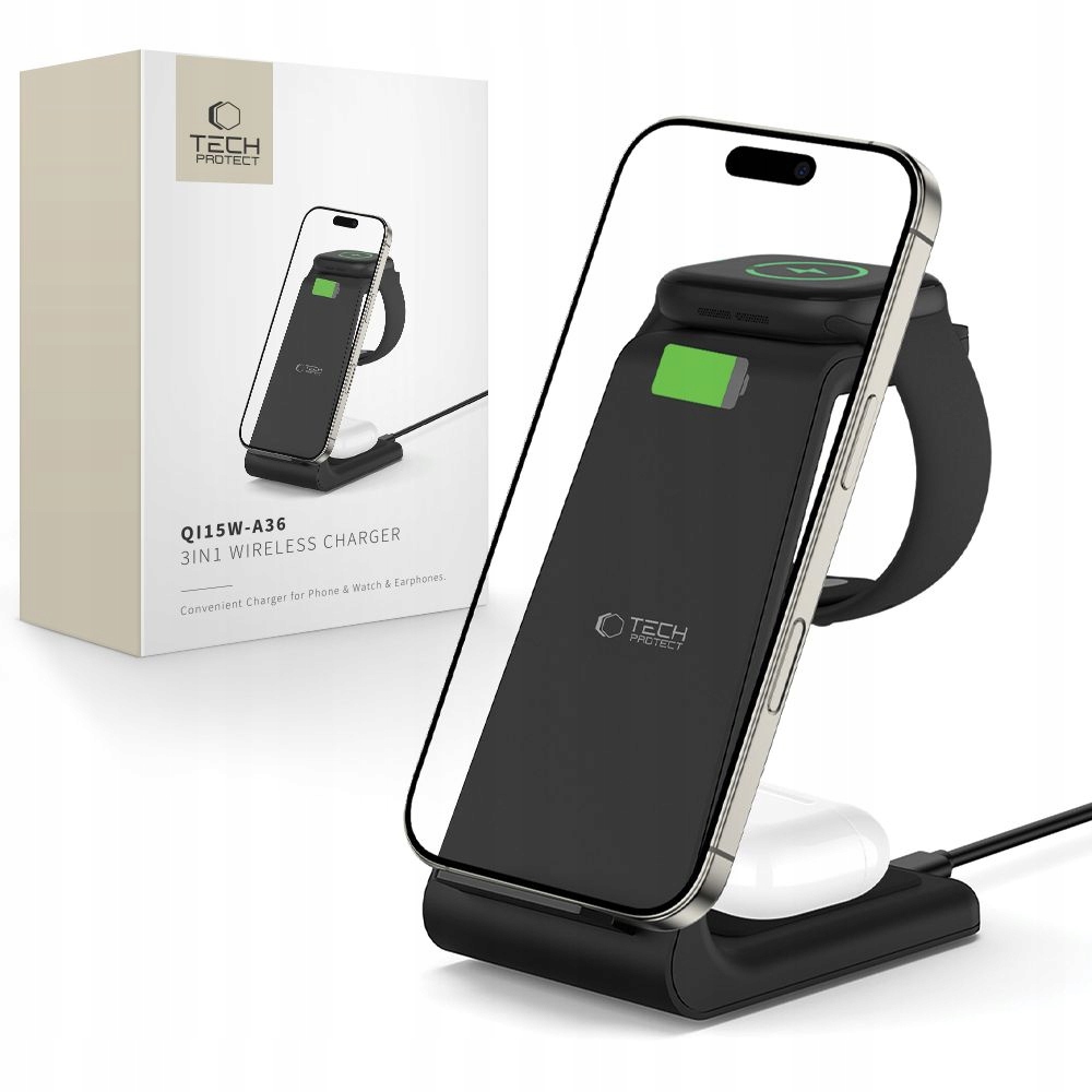 Tech-protect QI15W-A36 3IN1 Wireless Charger For Apple Black