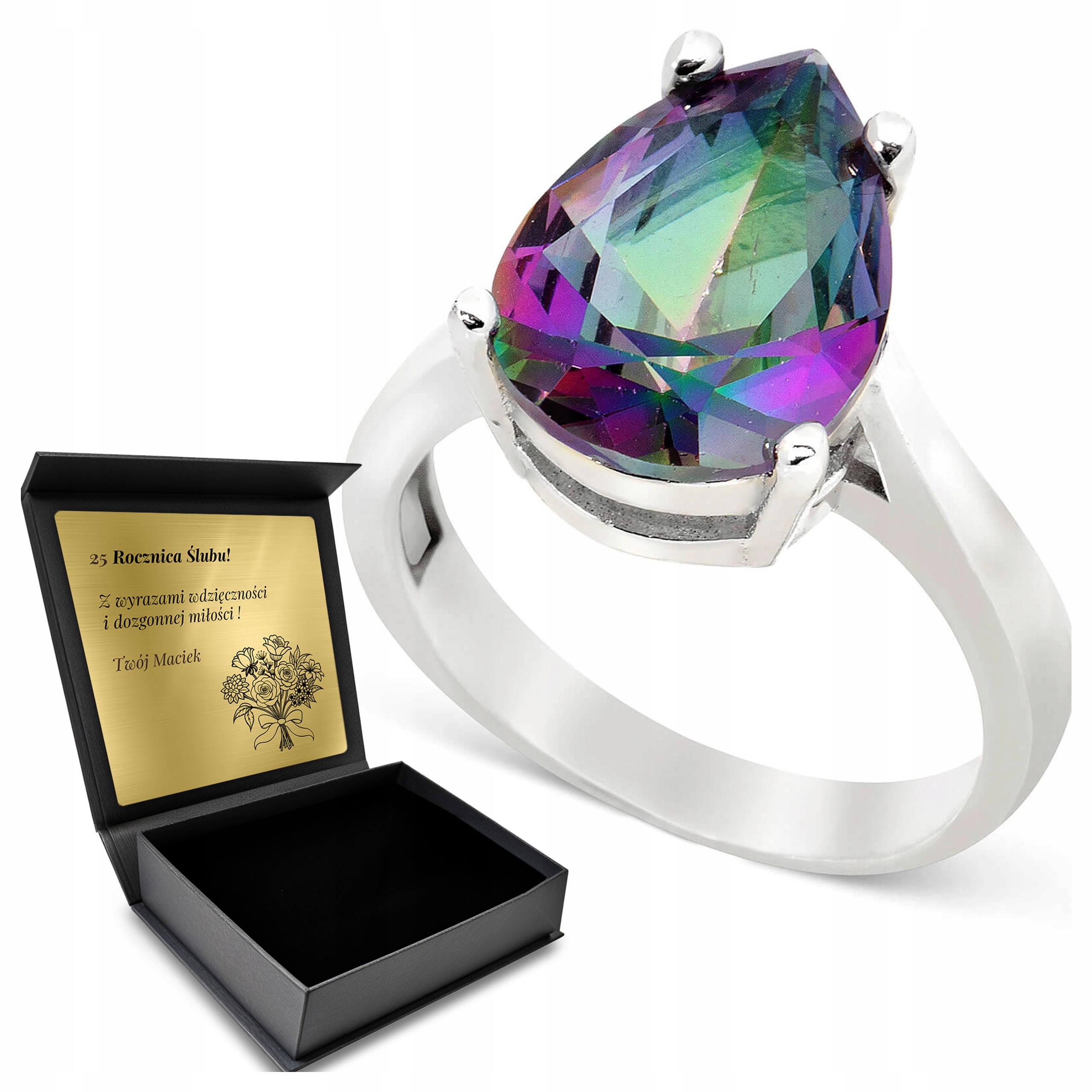 Prstýnek 925 S Mystickým Topazem Dárek na Valentýna Gravírování