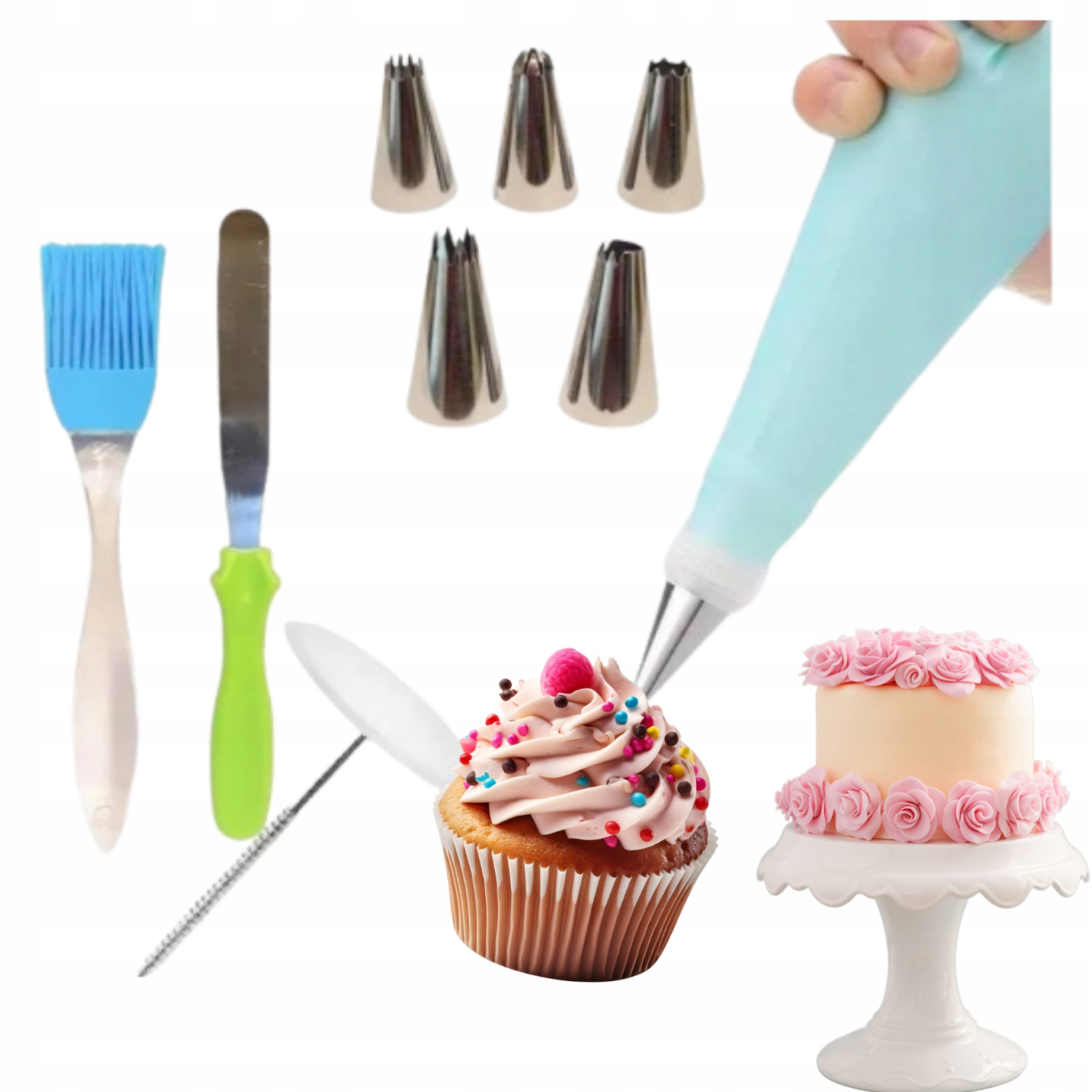 Levně Sada ozdobných dortů lopatka na zadní straně cukrářský sáček, štětec