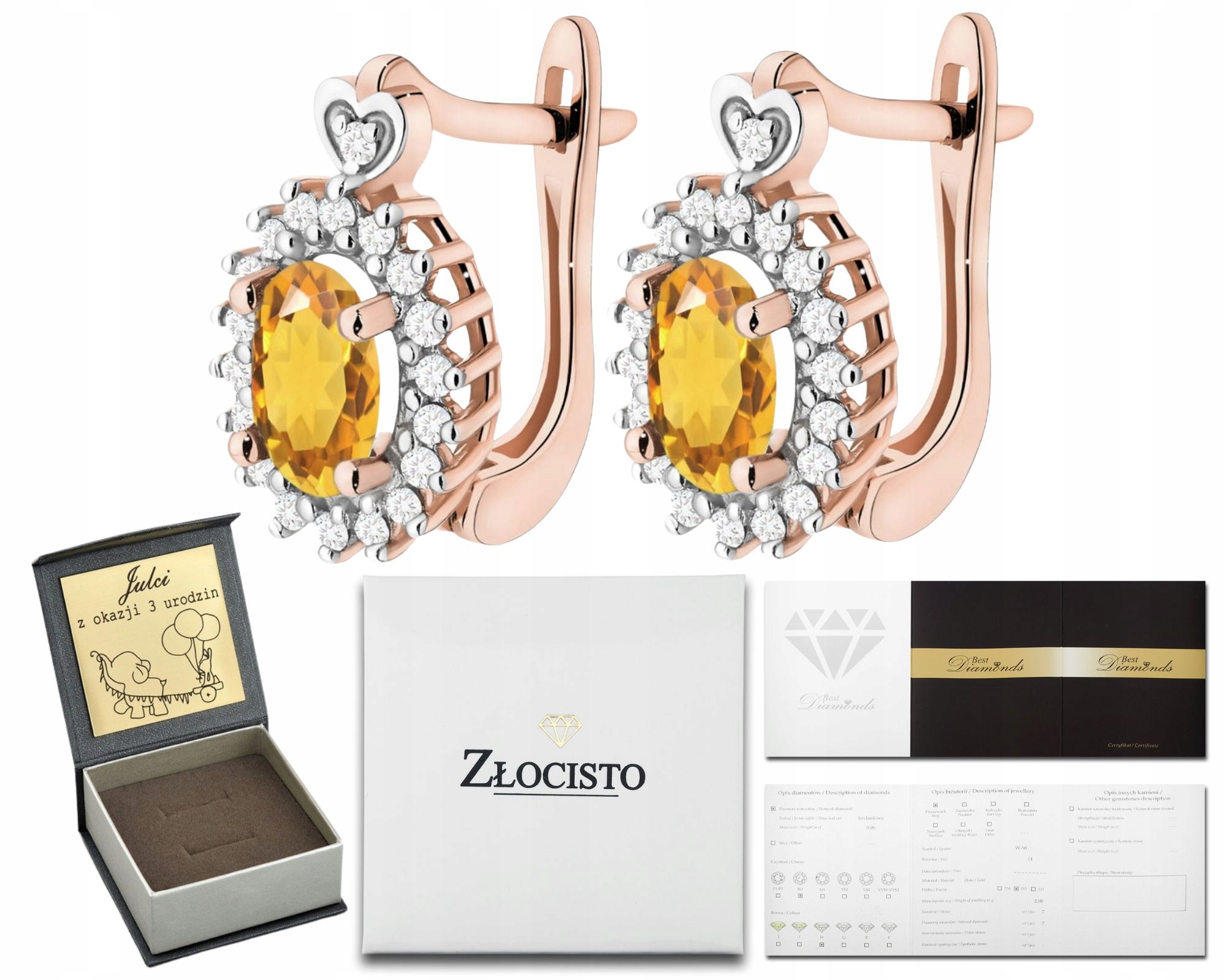 Růžové Zlato Náušnice S Citronem A Brilianty Zlato 585 Anglické Zapínání