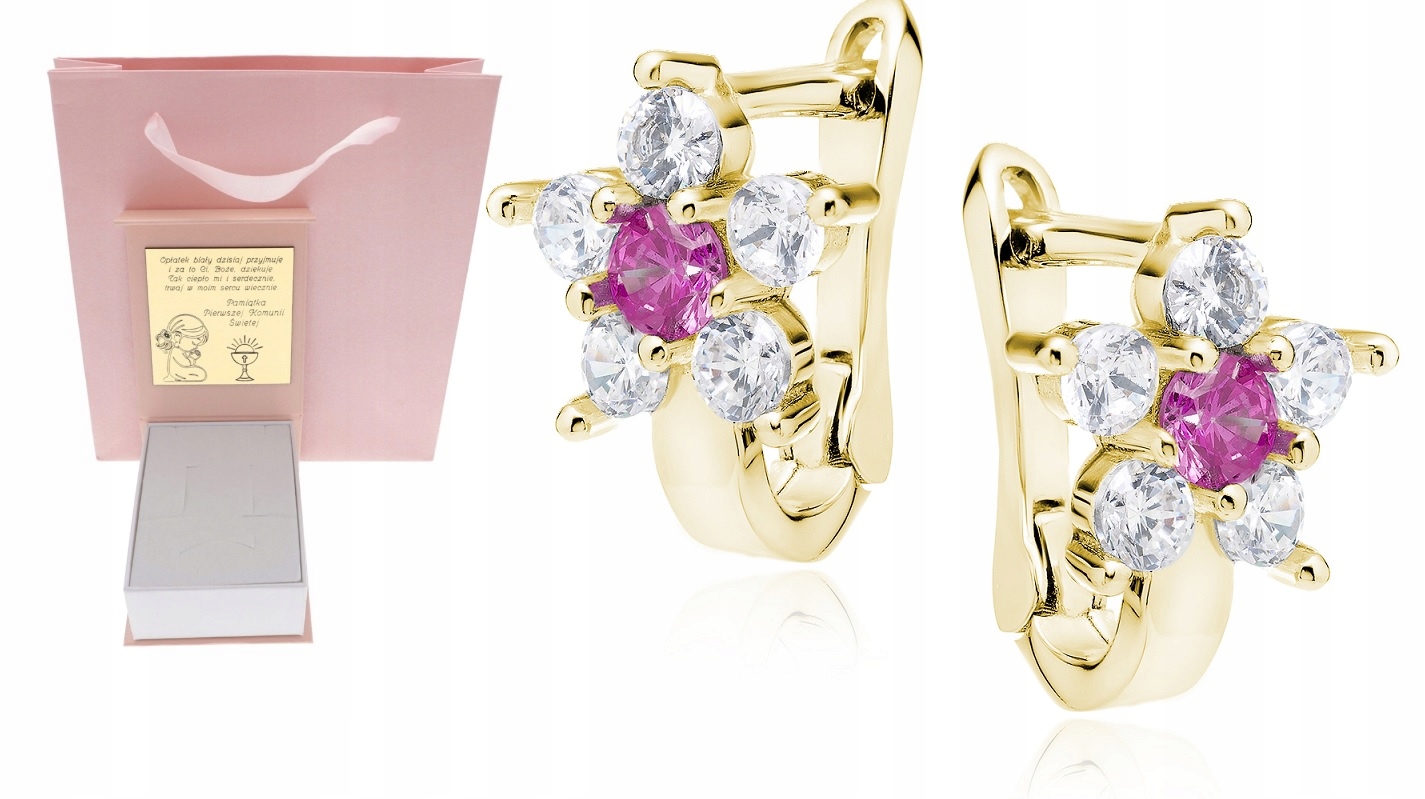 Zlaté náušnice s anglickým zapínáním, motiv květiny, Svaté Přijímání Křtiny, 1. Narozeniny, Gravírování, stříbro 925