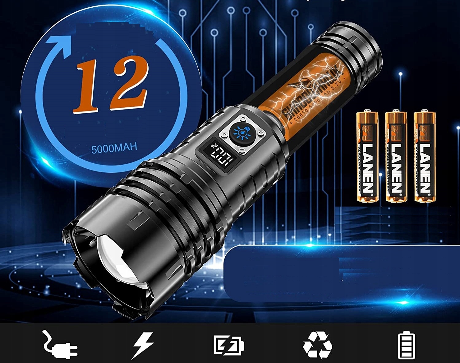 Mocna Latarka Taktyczna Wojskowa LED 20000 Lm Powerbank Shadowhawk XHM772 Model XHM77