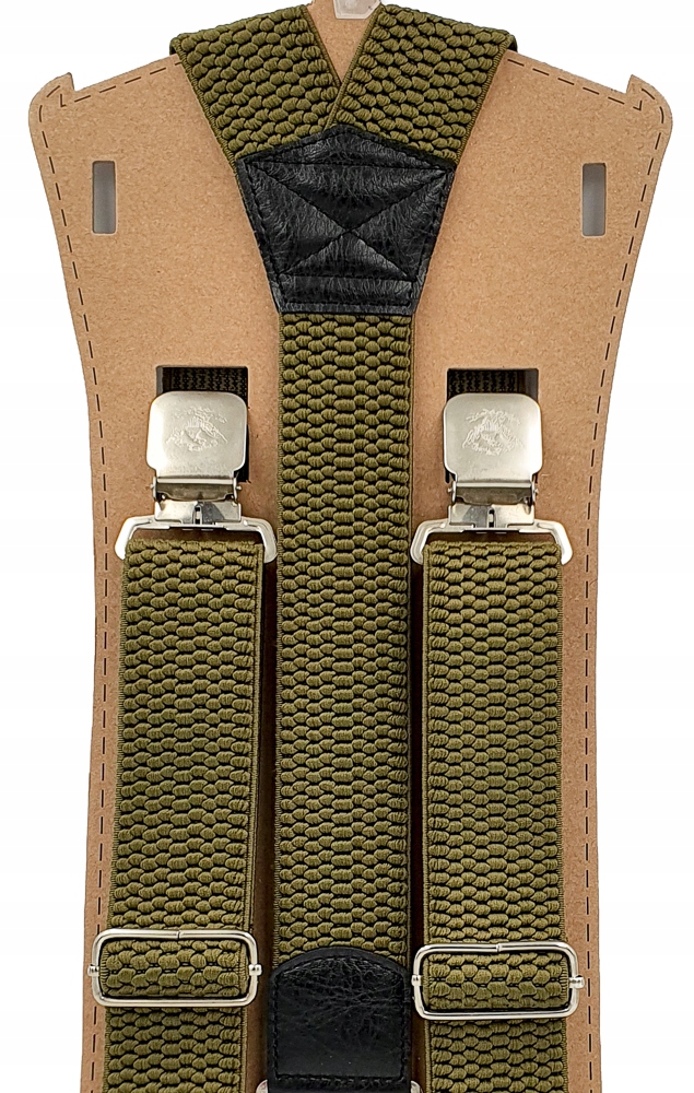 Zielone khaki jednokolorowe szerokie szelki męskie Model GŁADKA KOLORYSTYKA -  STALOWE MOCNE KLAMRY