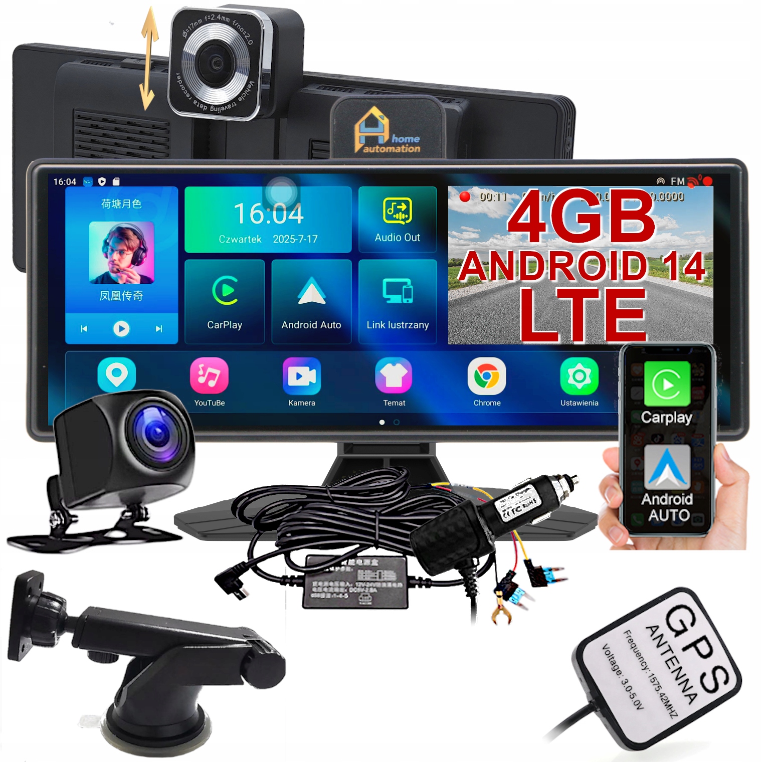 Záznamník jazdy Stanica Obrazovka Monitor 10" Kamera Navigácia Gps Android 14