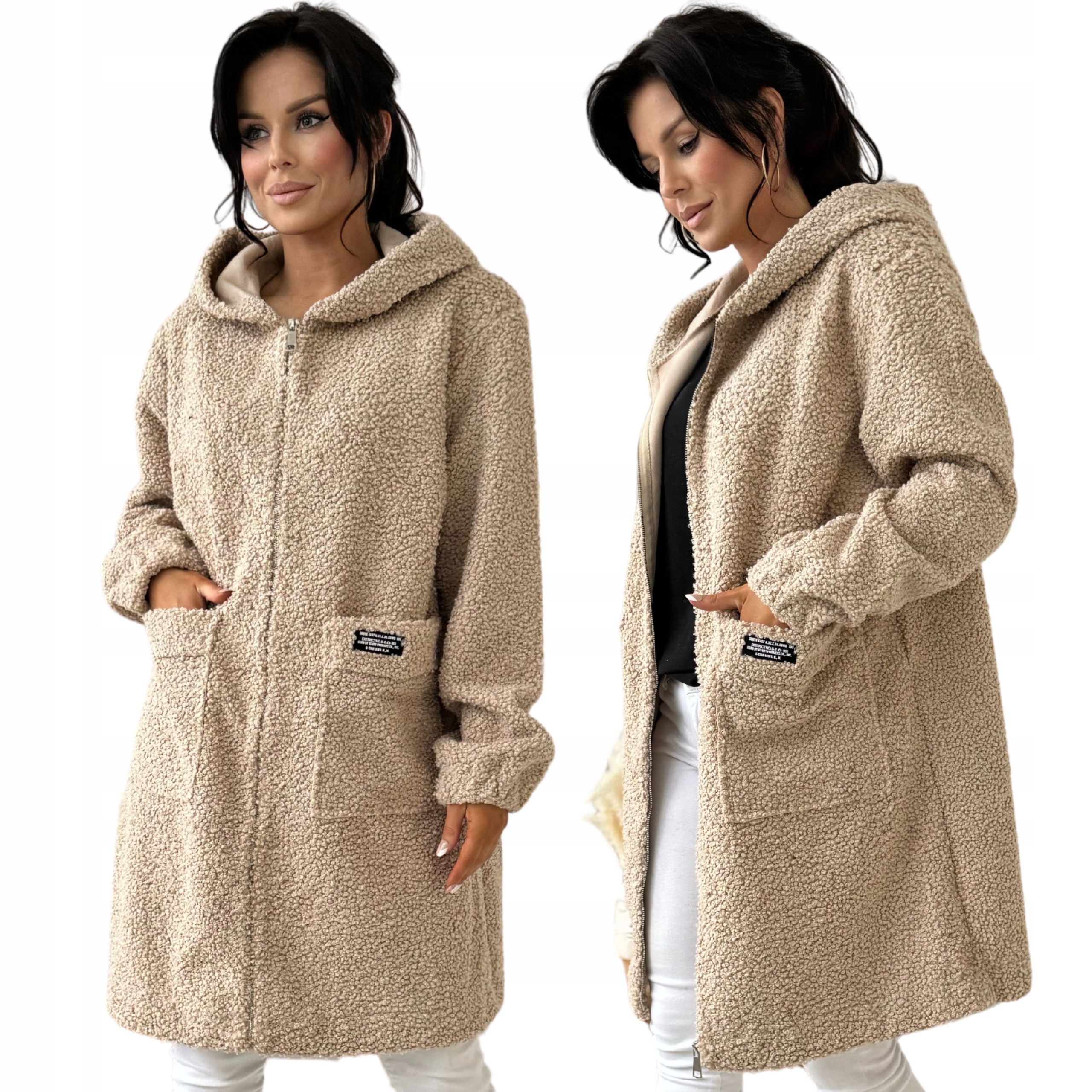 Płaszcz Kurtka Alpaka Damski Kobiecy Kaptur Suwak Wiosna Jesień 3XL/4XL Beż