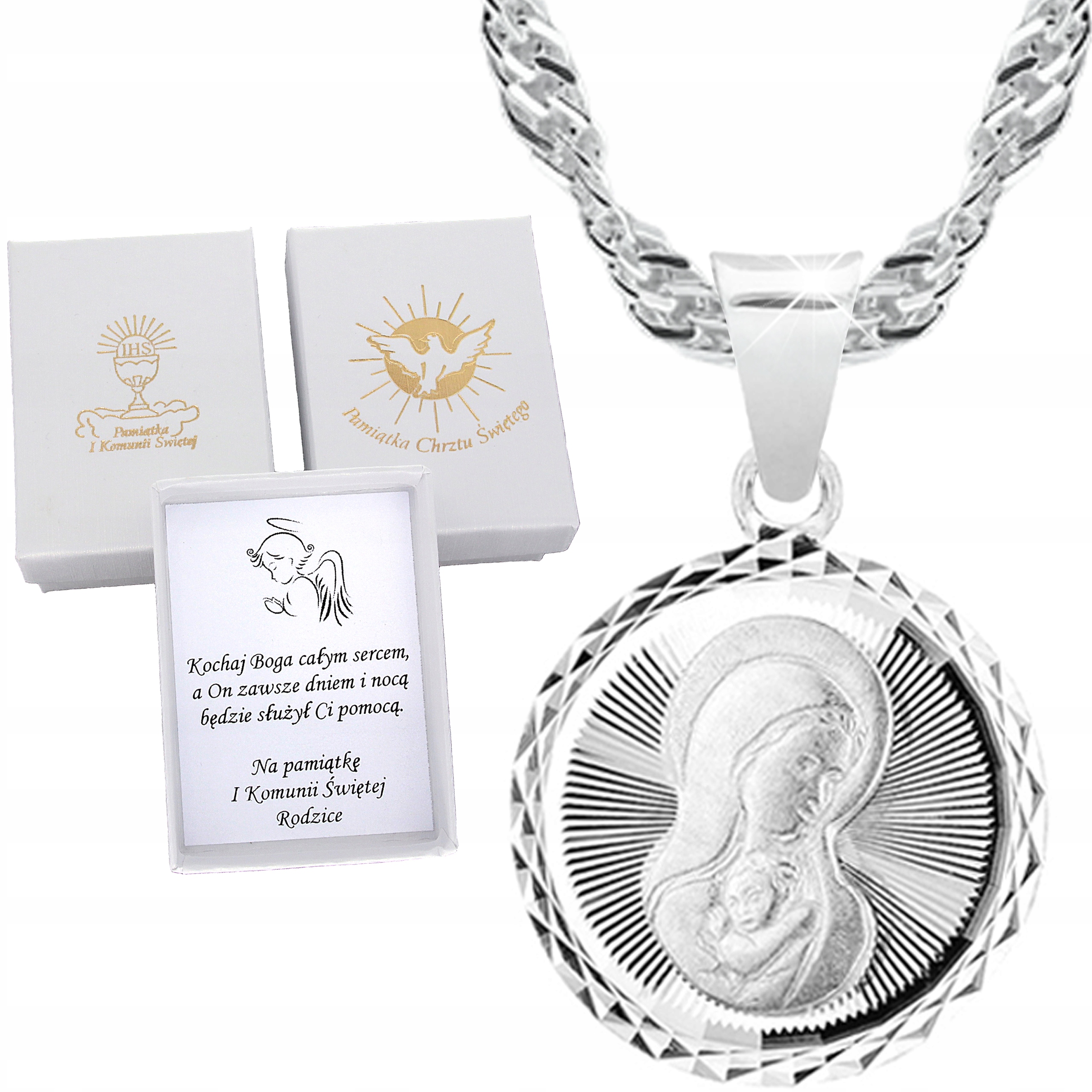 SREBRNY ŁAŃCUSZEK I MEDALIK MATKA BOSKA KOMUNIA CHRZEST BIERZMOWANIE 40cm