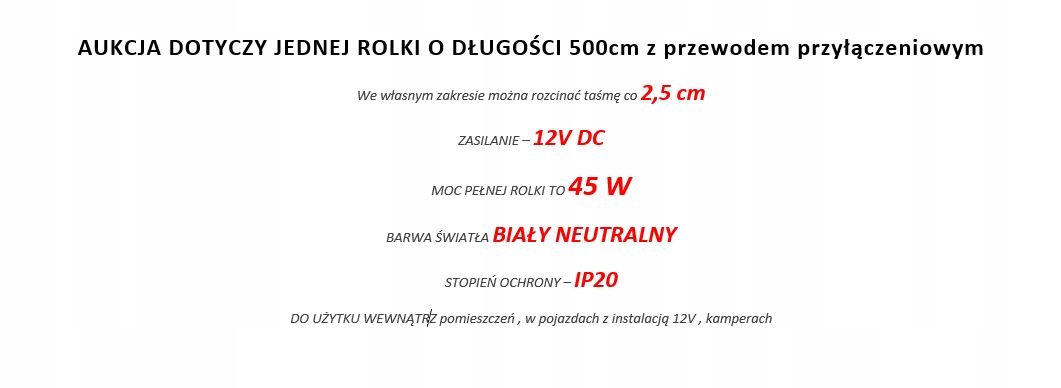 TAŚMA PASEK LISTWA DIODA LED COB 12V 8mm 5m 45W Z PRZEWODEM NEUTRLALNA Klasa szczelności IP20