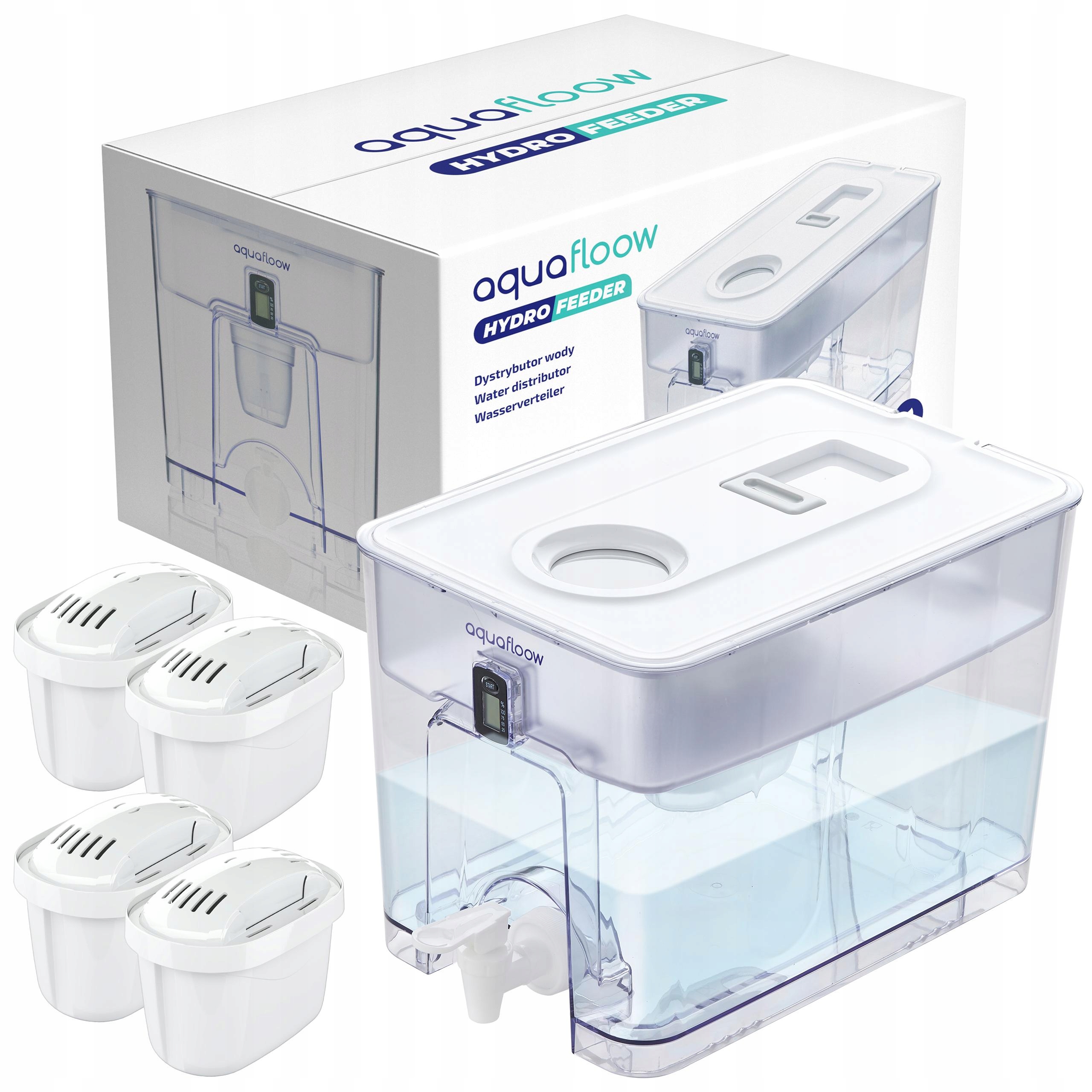 AquaFloow: filtrační konvice vody XL 9,5 l dávkovač vody 4 x filtr na vodu