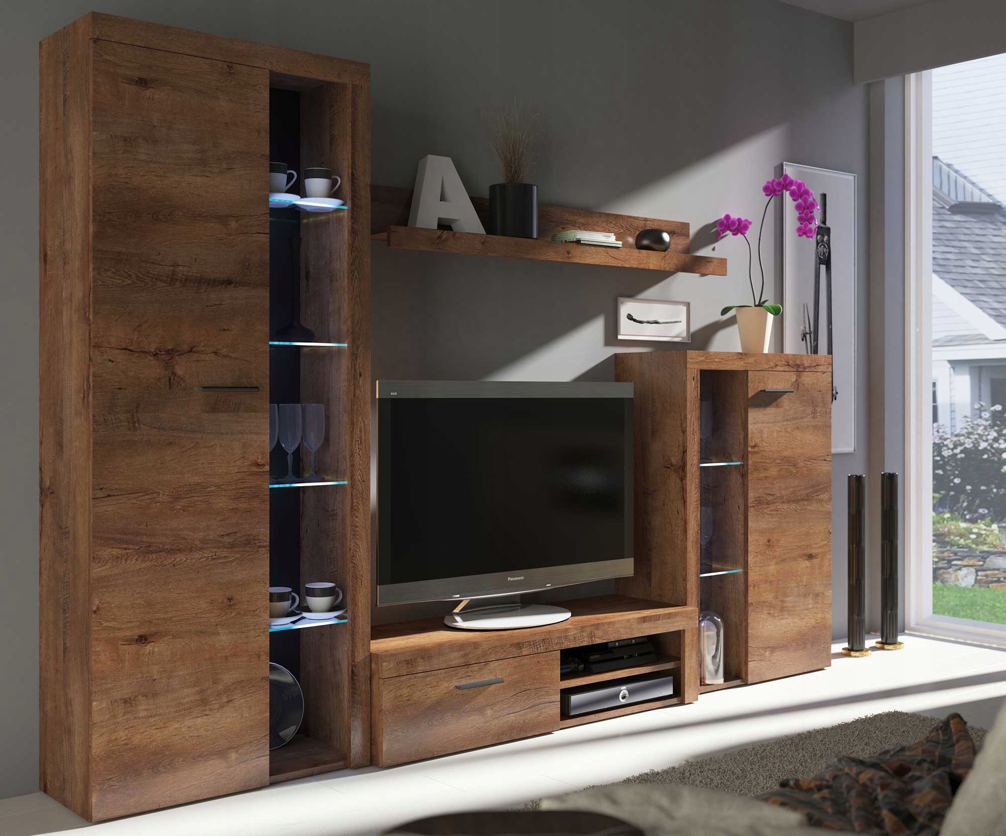 Nábytková Stěna Dub Lefkas Skleněné Led Police Rumba