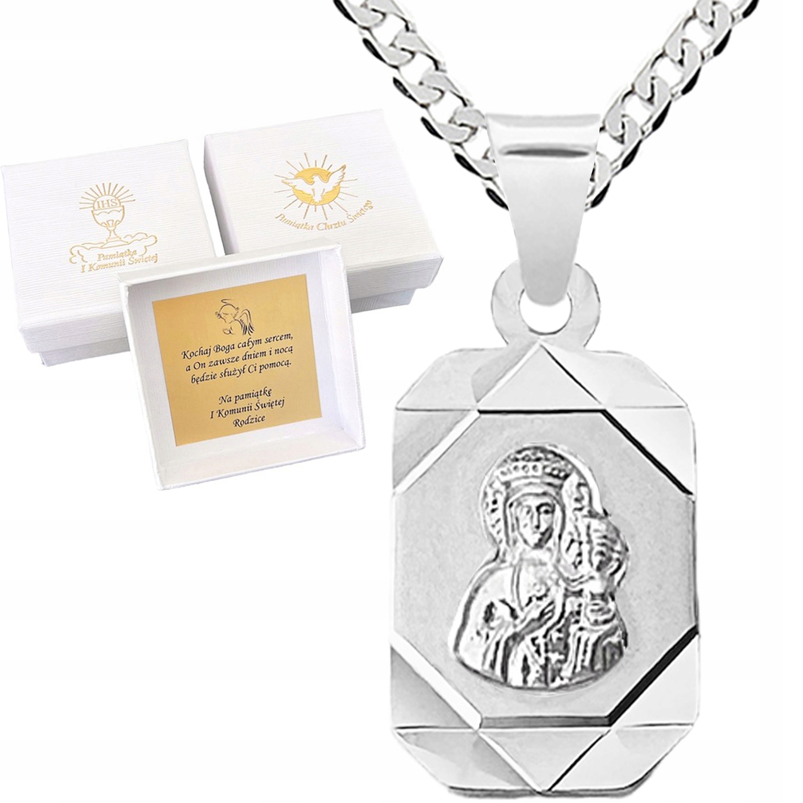 ŁAŃCUSZEK SREBRNY MEDALIK KOMUNIJNY MATKA BOSKA NA KOMUNIĘ NA CHRZEST 40 CM