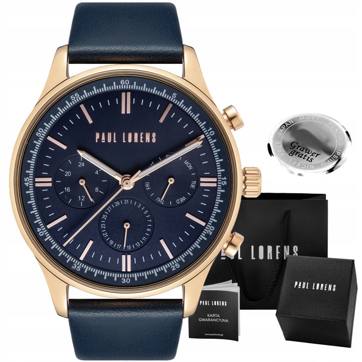 Pánské hodinky Paul Lorens Faber Multi-datumovka kožený opasek Box Gravírování