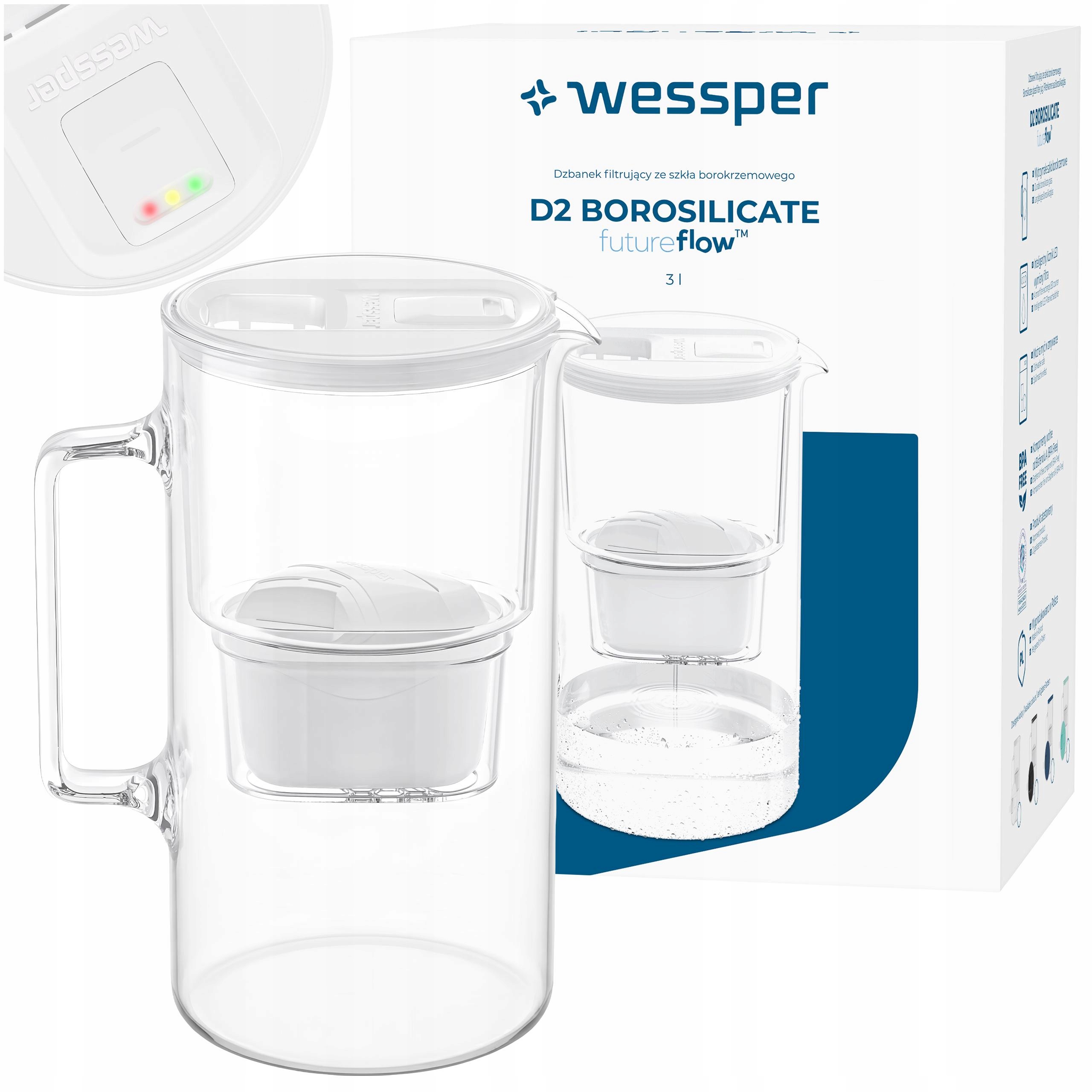 Filtrační konvice skleněná Wessper D2 Borosilicate Ff 3l Led bílá filtr