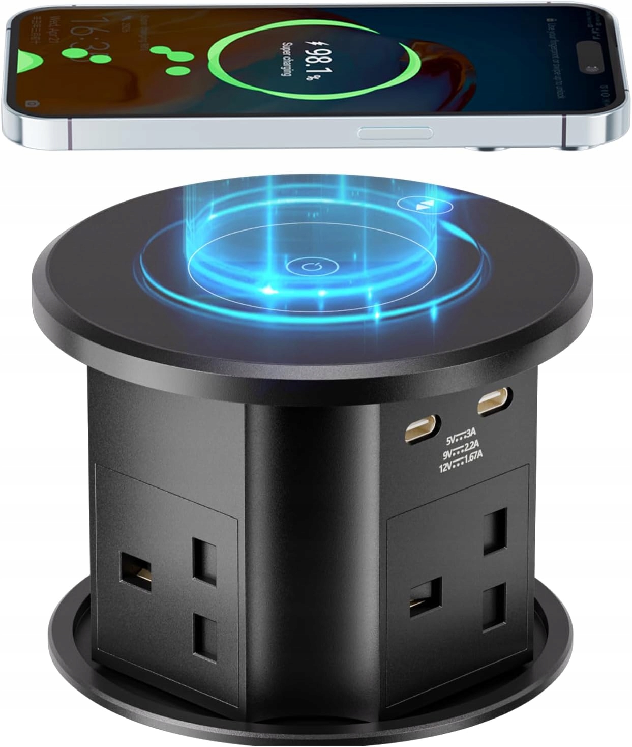 Výsuvná zásuvka pro pracovní desky s bezdrátovým nabíjením Britské zástrčky