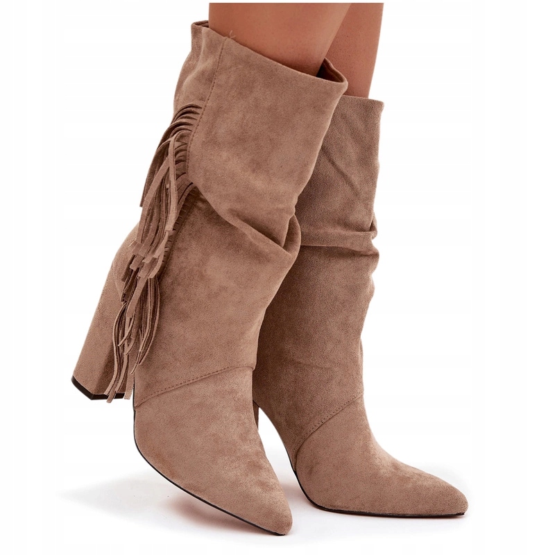 Dámské Kotníkové Boty Eko Semišové Podpatek Sloupek Třásně Řasení Béžové 41