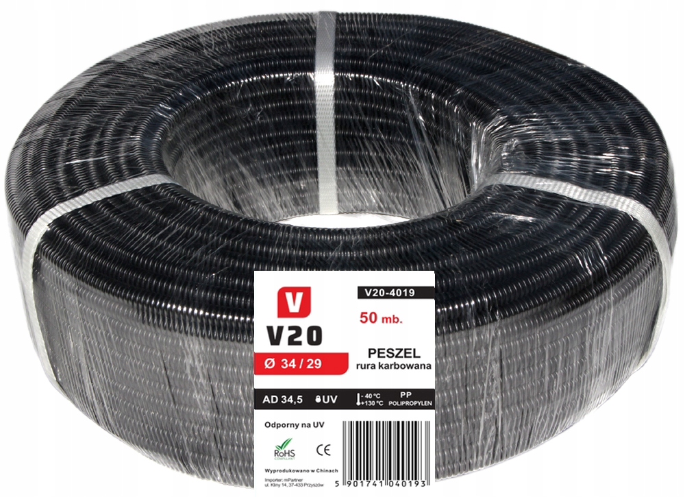 Vlnitá Elektroinstalační Trubka V20 Trubka hadici 34/29 mm 50 m