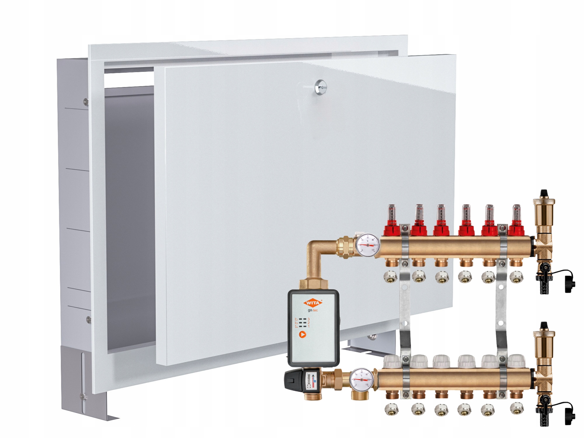 Mosazný Rozdělovač Podlahovky 6+ČERPADLO Vítá Go.tec+podomítková Skříňka+pex