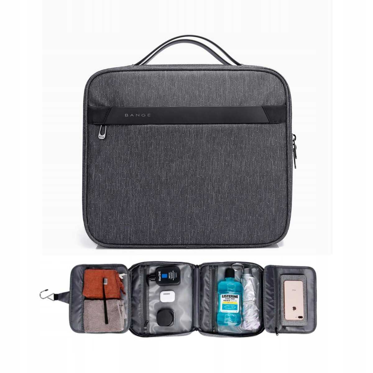 Kosmetyczka Męska Podróżna Wisząca Z Haczykiem Rozkładana Pojemna Szara