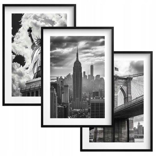 Zestaw Plakatów Obrazy Czarno białe na ścianę z ramkami do biura Nowy Jork