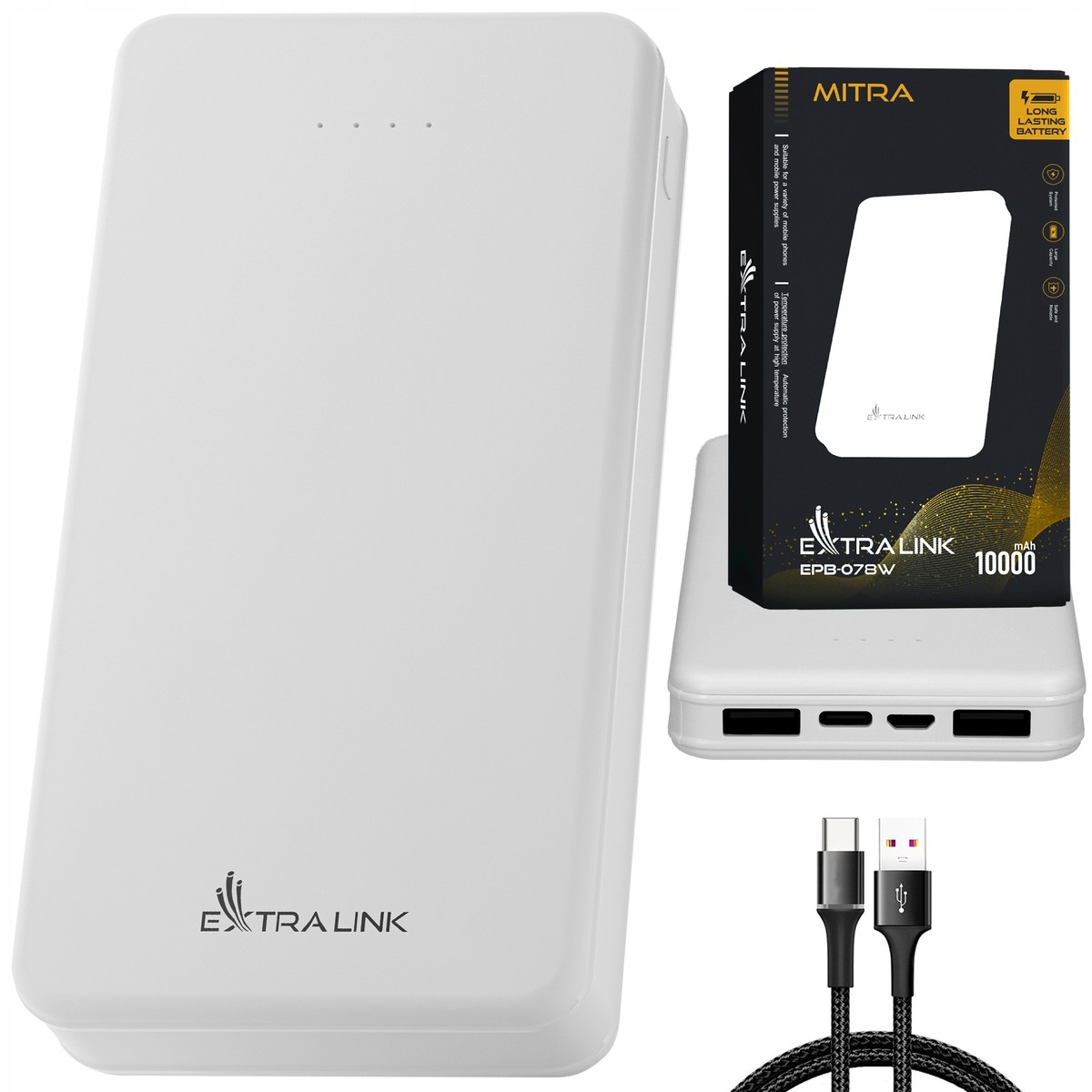 Extralink EPB-078W 10000mAh Bílý Powerbanka Powerbanka, Usb-c