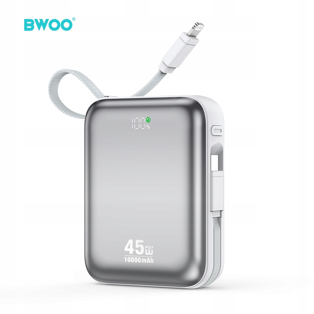 Bwoo Power banka P77 45W, 10000 mAh s 2 kabely Usb-c a Lightning, šedá