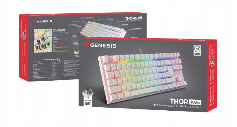 Klawiatura mechaniczna Genesis Thor 303 TKL HOT SWAP Outemu Brown Biały Interfejs USB