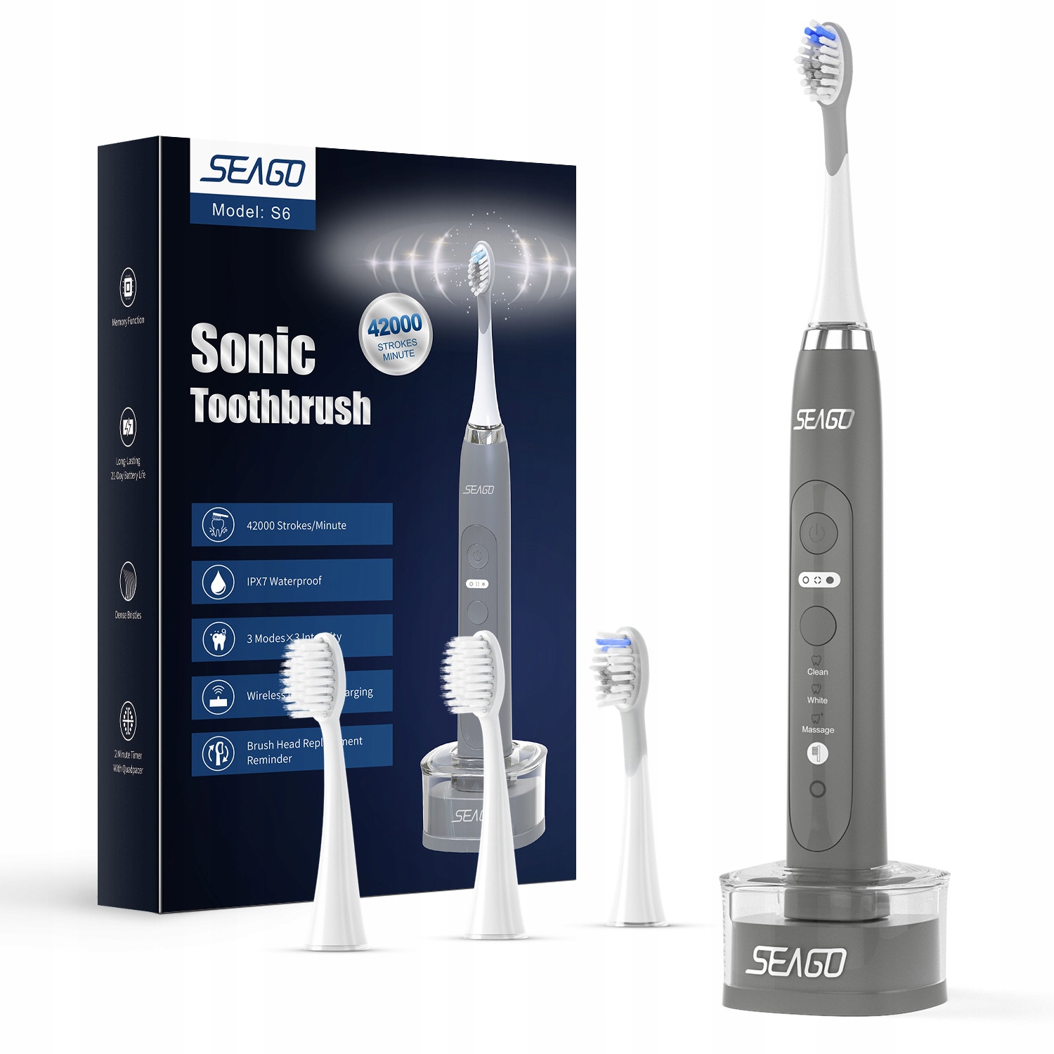Szczoteczka Soniczna Do Zębów Seago S6 4 Główki! Ładowanie Indukcyjne Usb