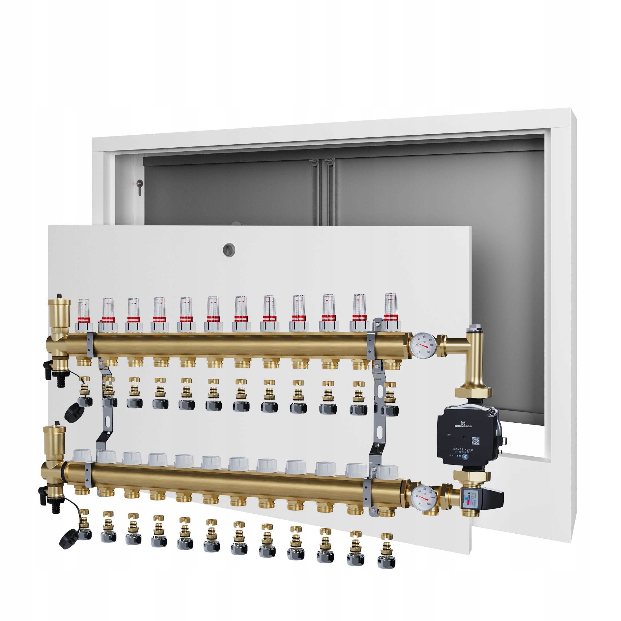 Rozdělovač pro podlahu 13 sekcí s čerpadlem GRUNDFOS+nástěnná skříňka+PEX