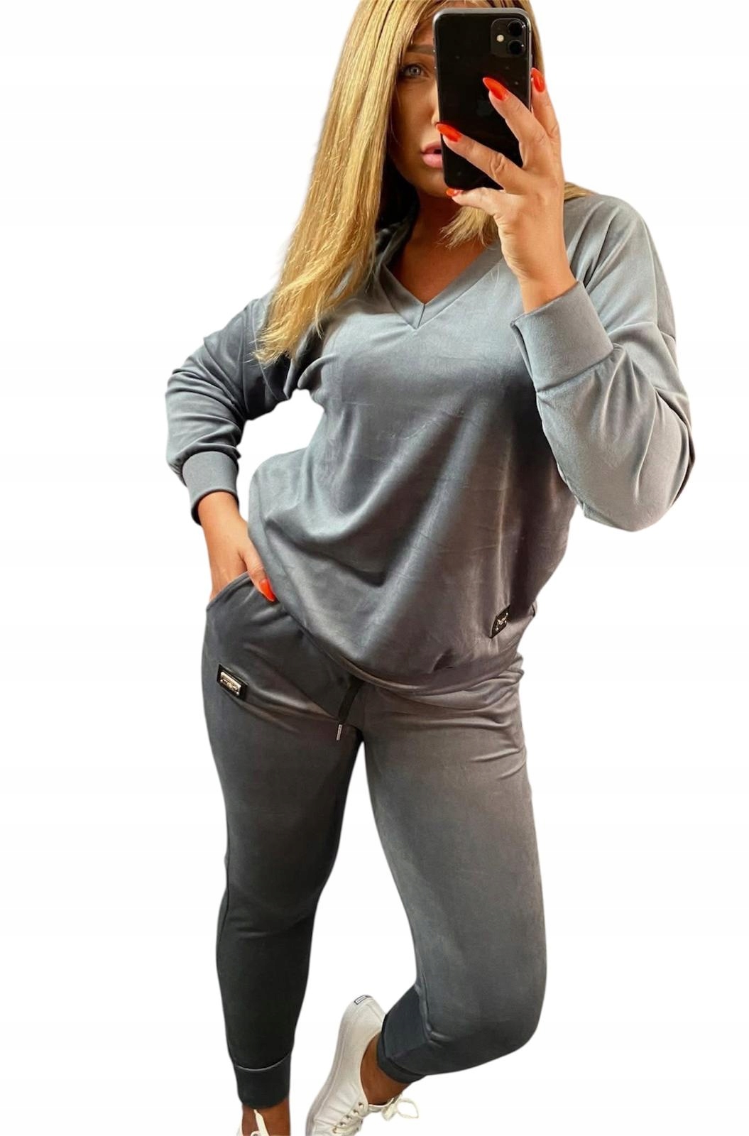 Z902 Velurový Teplákovka Výstřih V-neck Šedý vel. 46 (3XL)