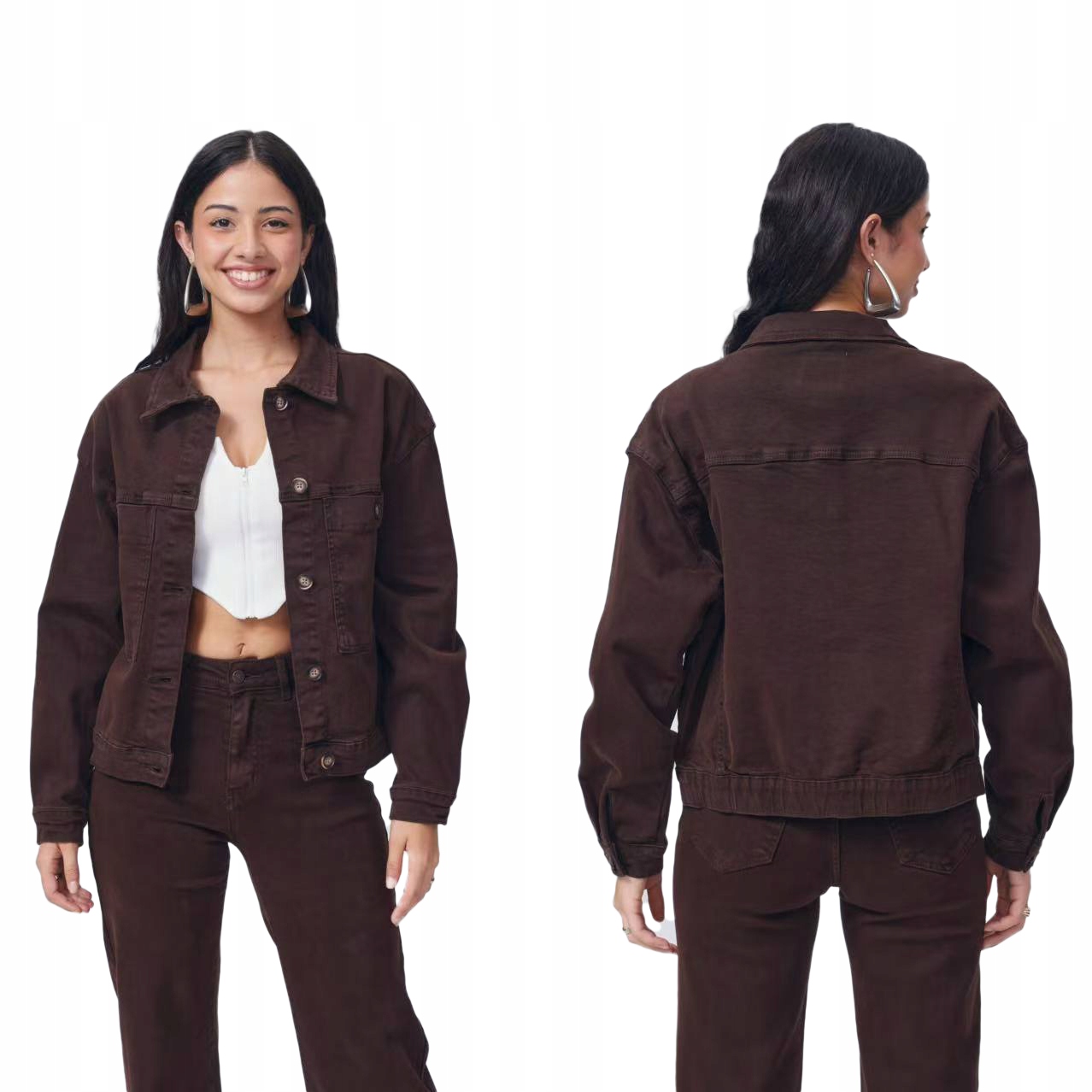 Damska Klasyczna Kurtka Modna Katana Jeansowa Czekoladowa Brązowa 42/XL