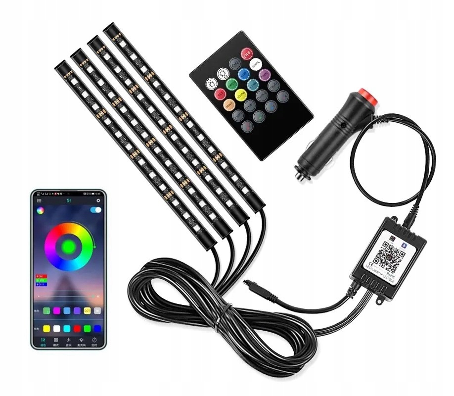 OŚWIETLENIE WNĘTRZA KABINY SAMOCHODU TAŚMA LED RGB 4x12 BLUETOOTH APP