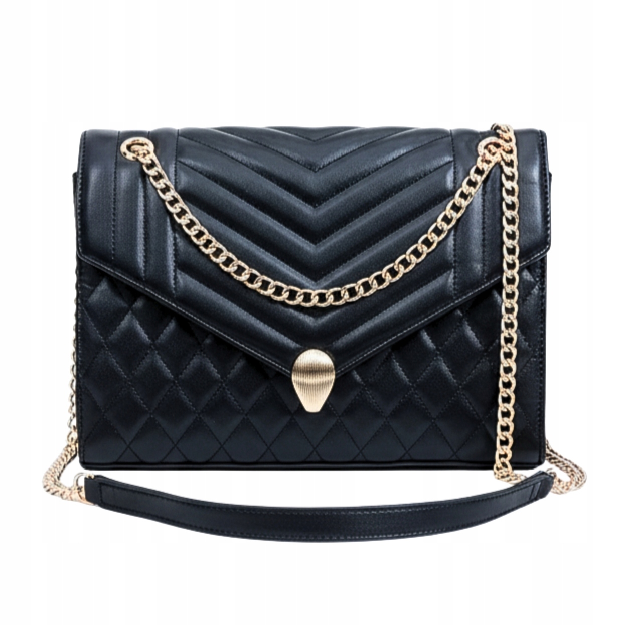 Czarna Pikowana Torebka Damska Złoty Łańcuszek
