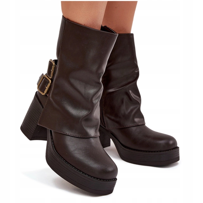 Dámské Kotníkové Boty Eko Kůže Podpatek Sloupek Platforma Pásky S Přezkami Hnědé 39
