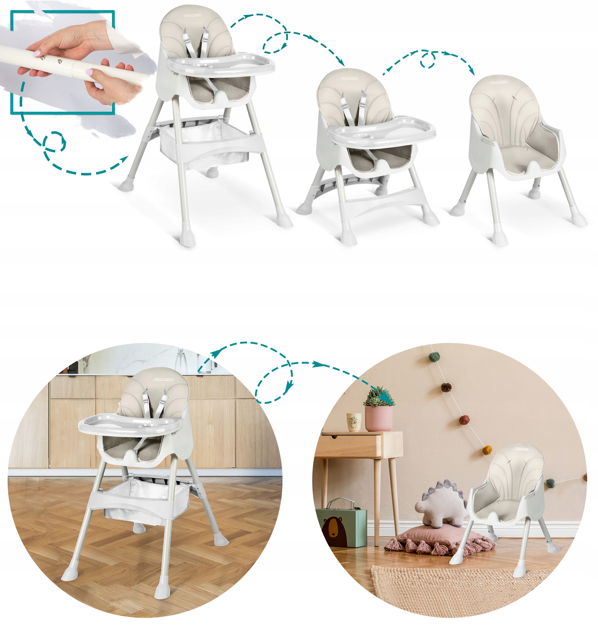 KRZESEŁKO DO KARMIENIA MILO DLA DZIECI SKŁADANE TACKA RICOKIDS Kolor Odcienie szarości i srebra