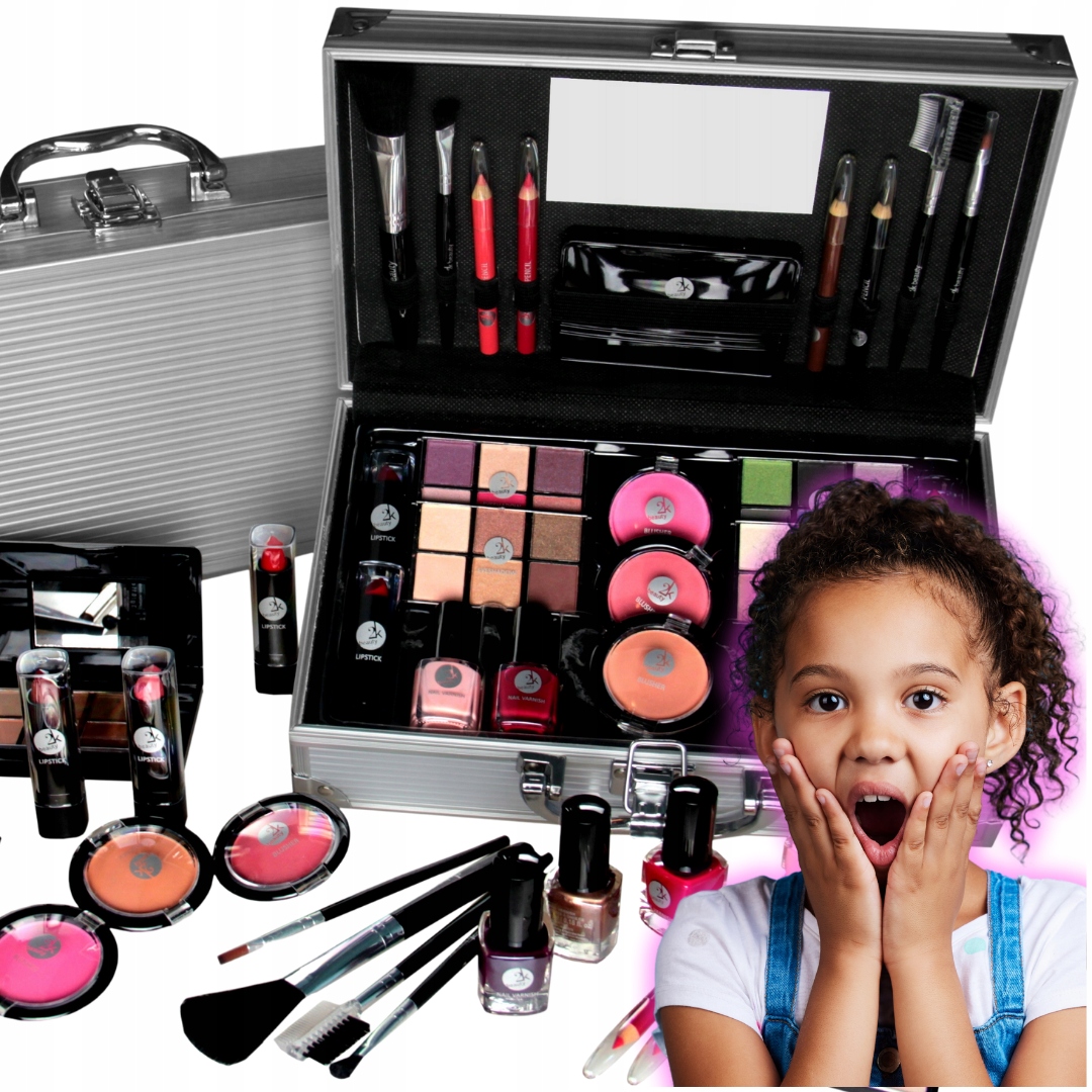 Duży Komplet Make Up Kuferek z Kosmetykami Pudry Szminki Błyszczyki