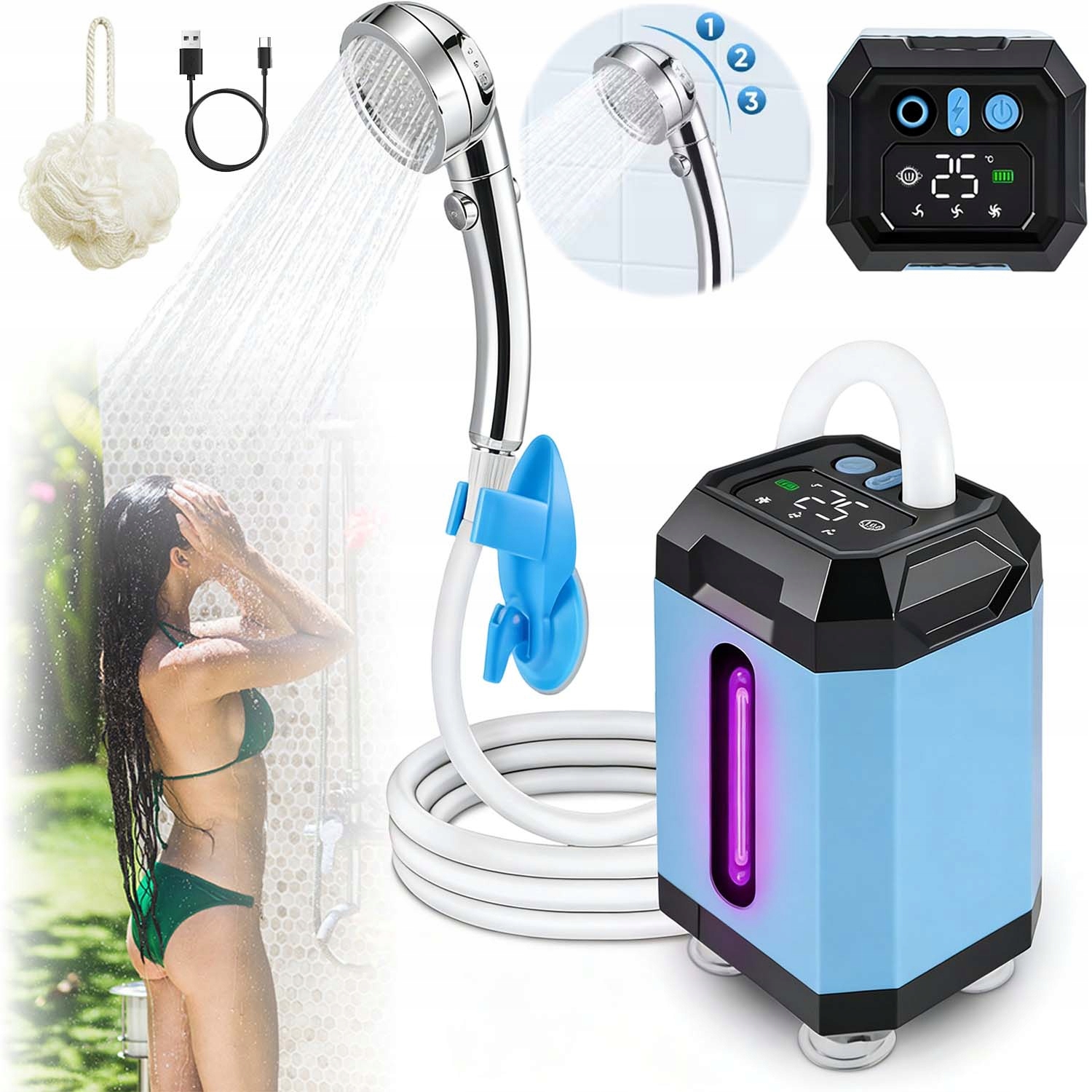 Turistická Sprcha Elektrická Kempingová Pumpa Akumulátor Přenosný LCD