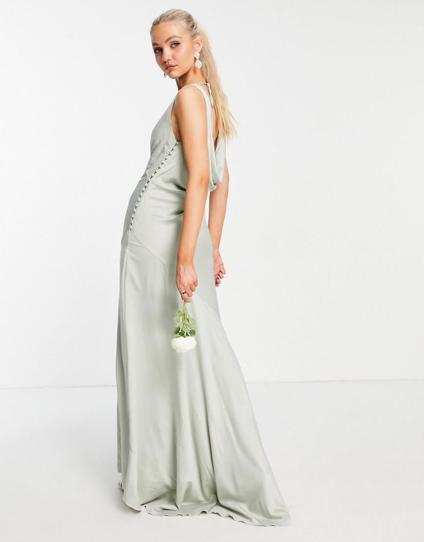 Zielowa satynowa suknia maxi dla druhen S Cechy dodatkowe kokarda